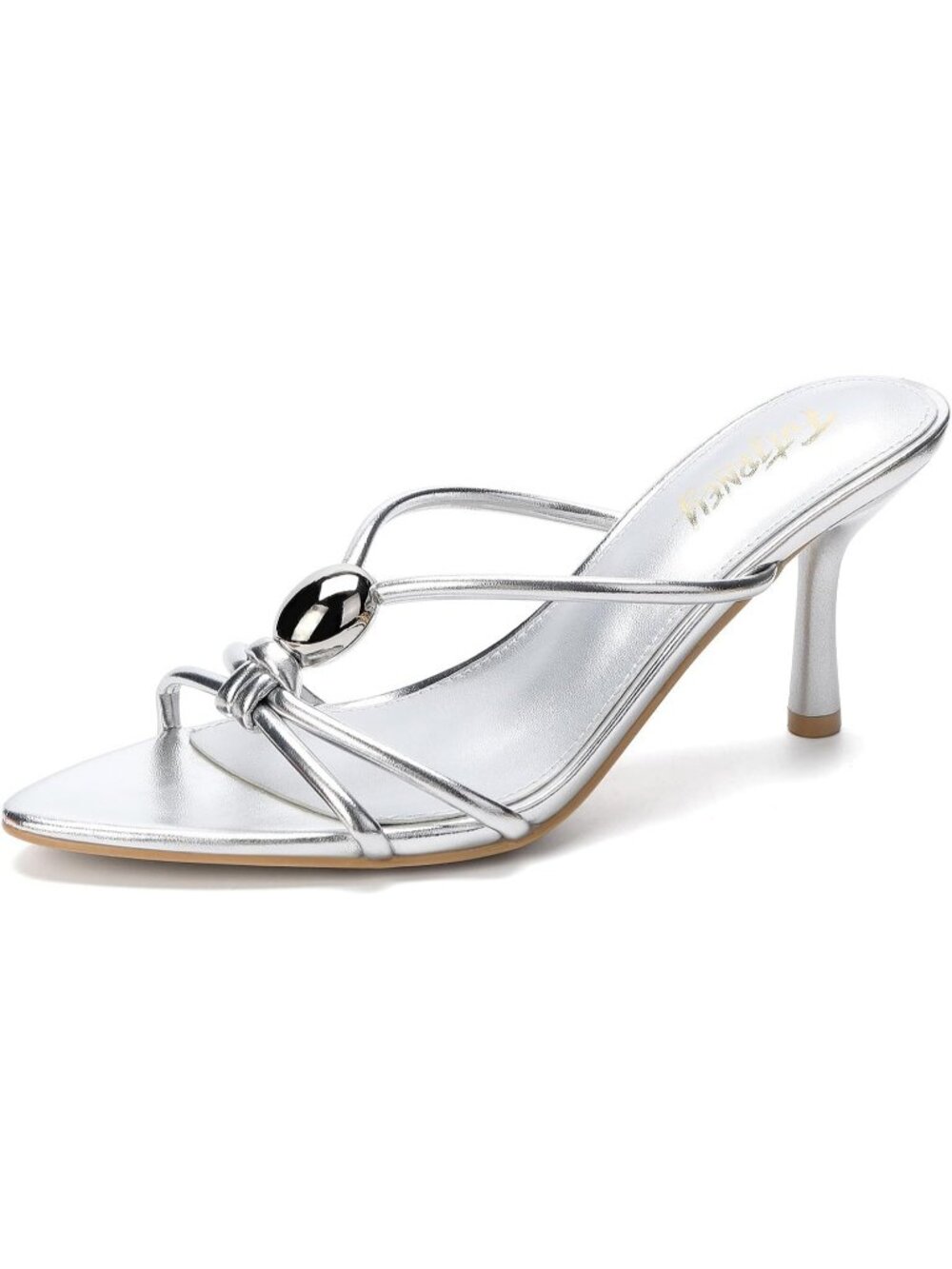 Women's Silver Pointed Peep Toe Kitten Mule Heel Metal Button Slip On Sandals